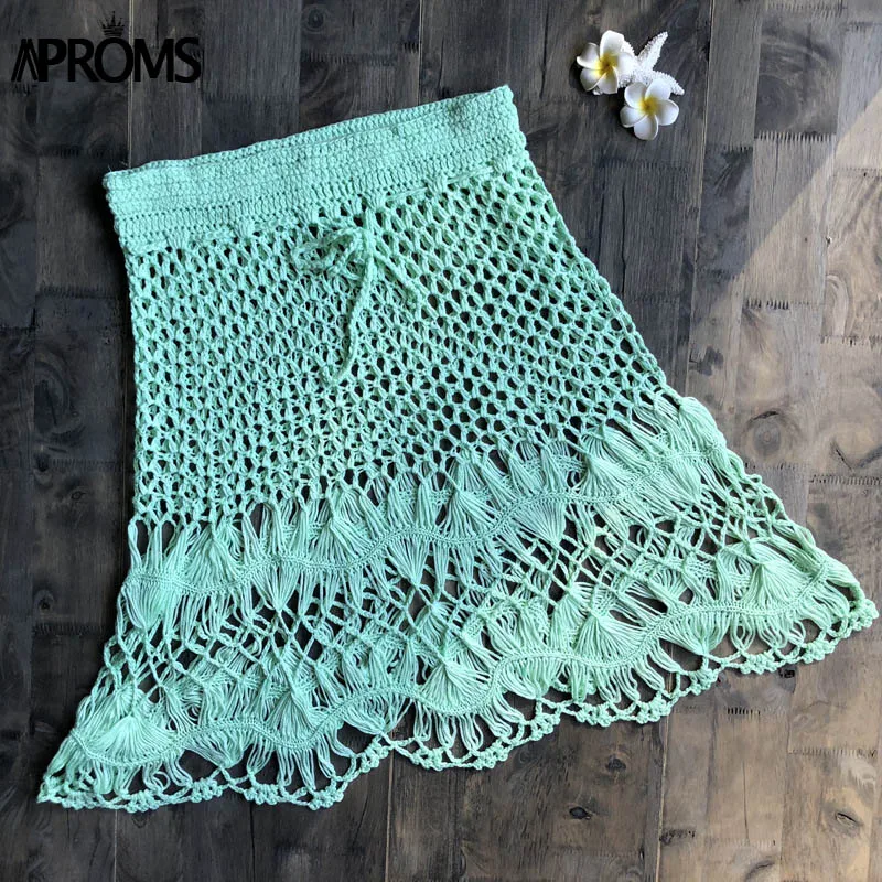 Light Green Aproms в стиле бохо из хлопка вязаные крючком Мини-юбки Для женщин летние Высокая Талия пляжные открытые мини-юбка прохладный девушки бикини дно - Цвет: Light Green
