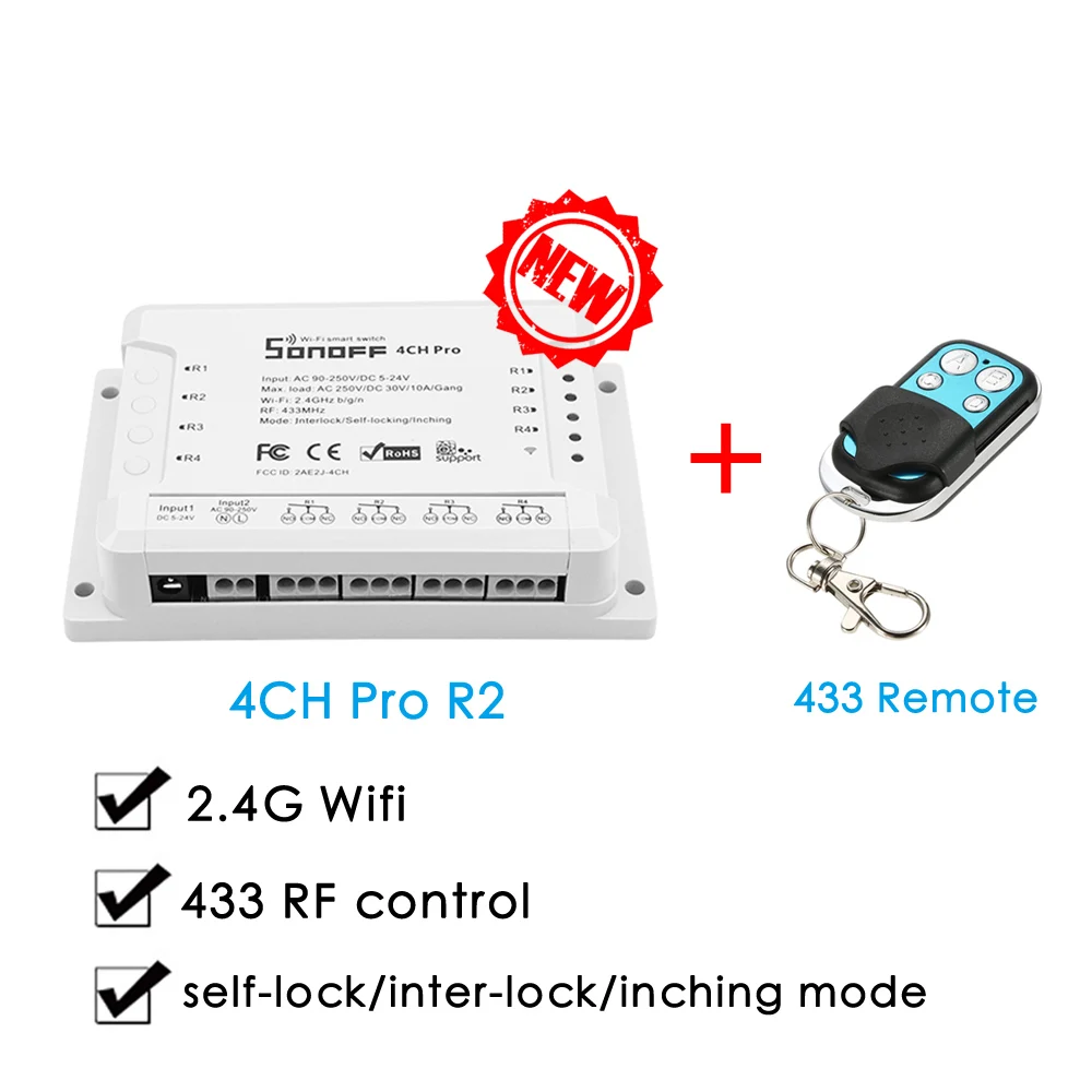 4CHPro R2 with 433RC Sonoff 4CH Pro R2 умный Wi-Fi релейный модуль переключателя 4 канала Ewelink Голосовое управление с Alexa Google home 433 RF Wifi светильник переключатель - Цвет: 4CHPro R2 with 433RC