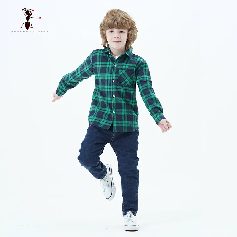 2019 полный рукав 100% хлопок Рубашки для мальчиков в клеточку отложной воротник