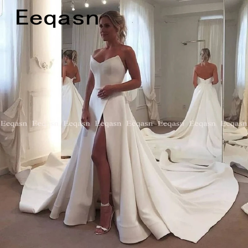 Vestido de noiva Длинные свадебные платья со шлейфом 2020 белые с разрезом и открытой