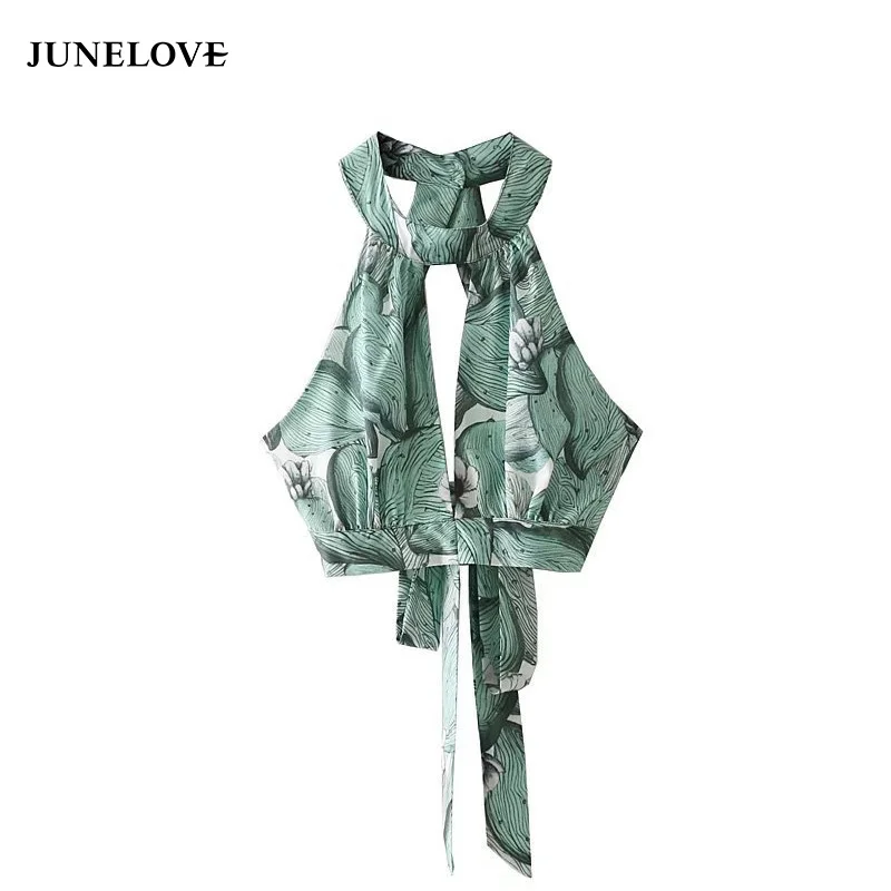 JuneLove 2019 весенние женские Бохо с цветочным принтом топы на бретелях кружевное