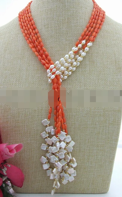 Huij 004114 3Strds 50 &quotбелый Кеши жемчужное и оранжевое коралловое ожерелье|pearl necklace