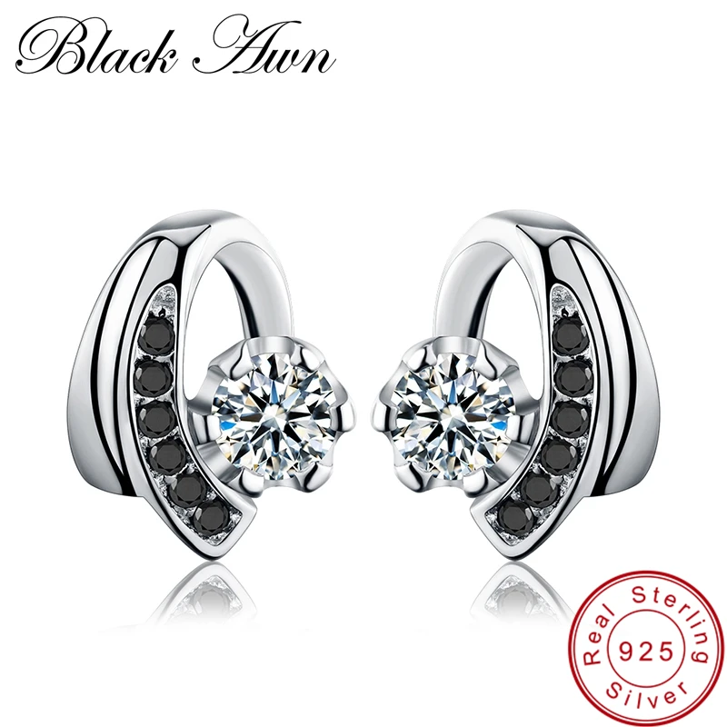 

[BLACK AWN] Wedding Stud Earrings for Women Genuine 925 Sterling Silver Jewelry Black Spinel Stone Boucle D'oreille Brincos T038