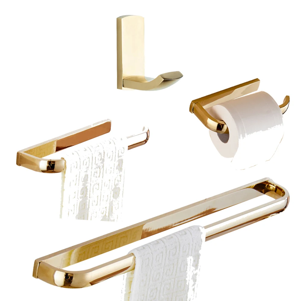 

Leyden Solid Brass 4pcs Bathroom Accessories Set Gold SIngle Towel Bar Toilet Paper Holder Towel Ring Robe Hook Wall Mounted