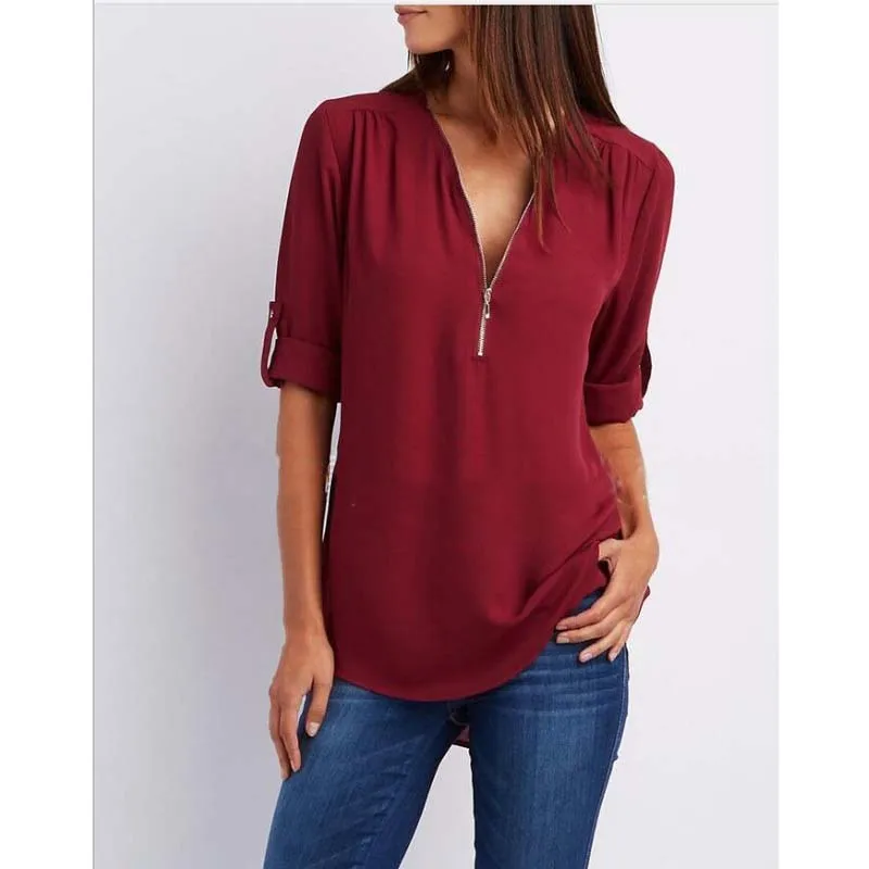 Blusas mujer de moda, рубашка с длинным рукавом и v-образным вырезом, Элегантная блузка, шифоновая Женская Коллекция nouvelle, с украшением на молнии