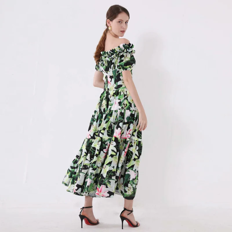 XF Boho Lily Green Flower Print Midi Dress Ruffled Short Sleeve 2019 Summer Leisure Beach Party Holiday Cake Style Elegant | Женская