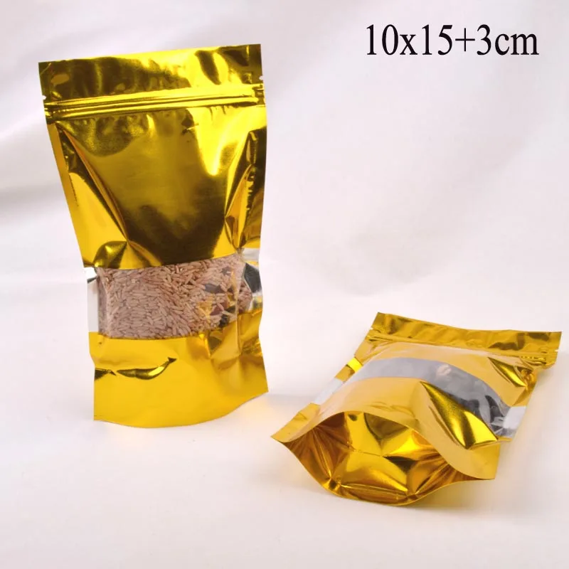 

200PCS 10*15+3cm Standup golden aluminium foil ziplock bag / pouches Zipper resealable gift bag with window