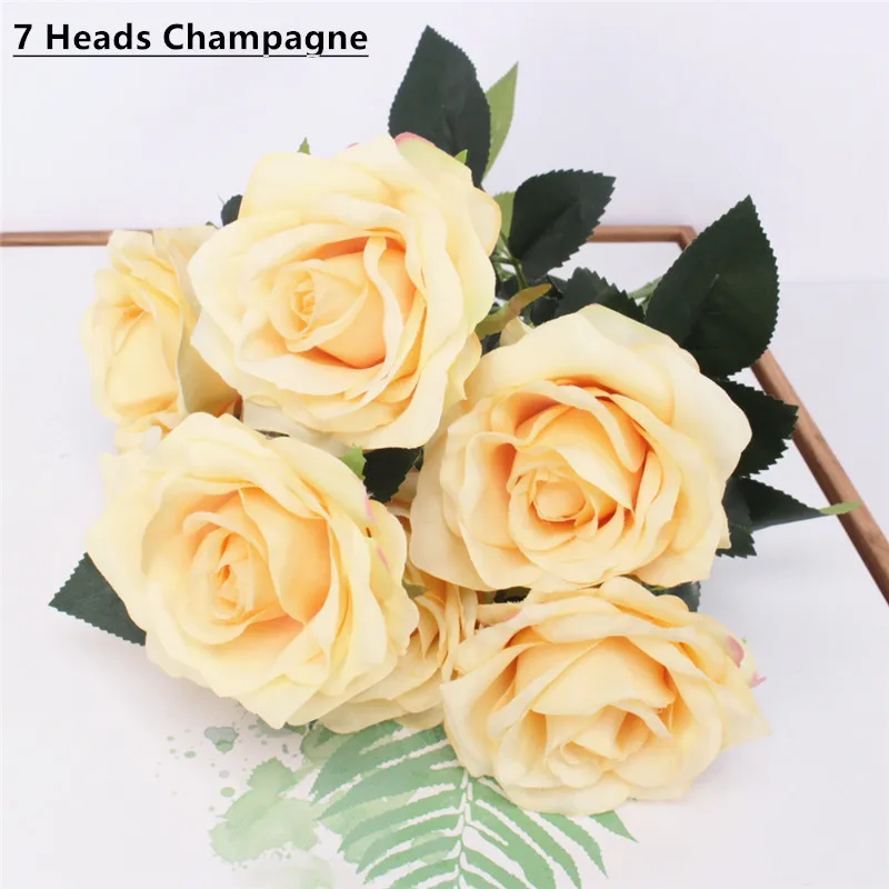 7 heads champagne Дешевые 7/9/10 глав один пучок искусственный букет роз Шелковый декоративный цветок Свадебная вечеринка Рождественский Декор цветок материалы искусственные цветы тычинки цветов декор дома - Цвет: 7 heads champagne