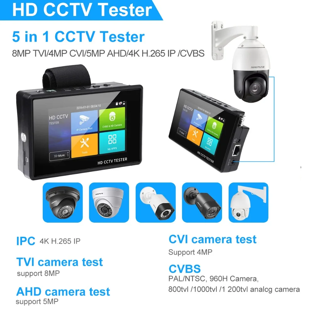 Anpviz 4 дюймов К H.265 IP/CVBS/CVI/TVI/AHD по 5 в 1 CCTV IP Камера Тестер монитор 5MP тестирование