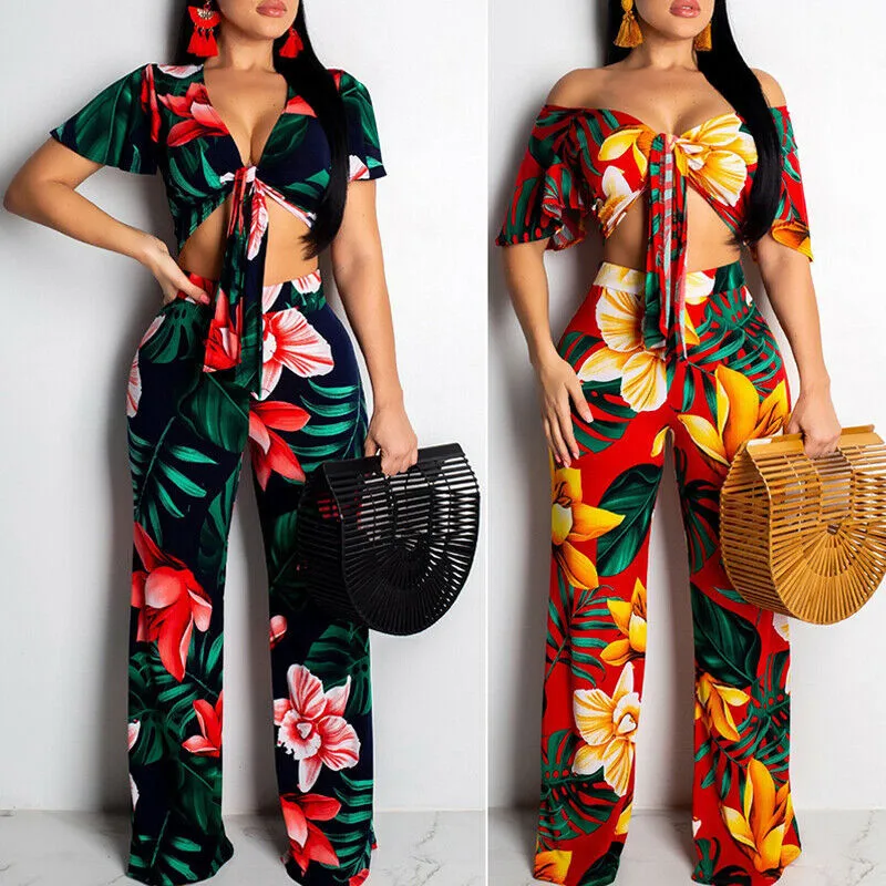 

Women 2Pcs Set Floral Printed Off Shoulder Short Sleeve V-neck Crop Tops+Long Pants Ladies Casual Beach Holiday Street Wear Suit