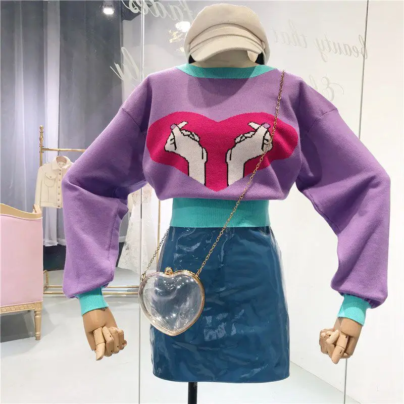 2018 Autumn Winter Fashion Streetwear Korean Style Colors Contrast Send Love Sweater Women Jumper Pullovers Sweaters | Женская одежда