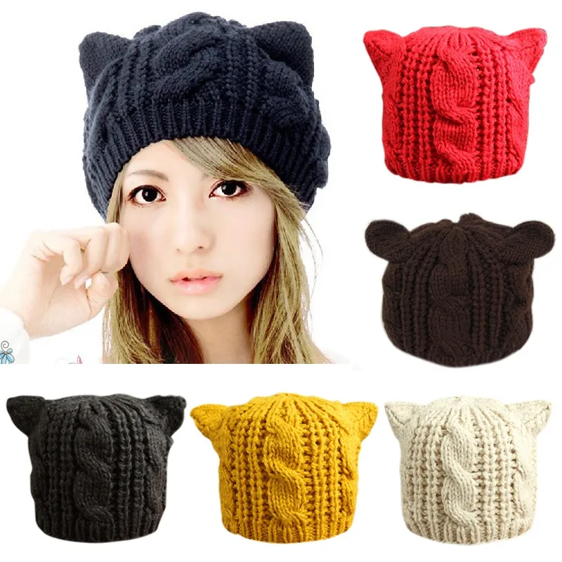 Women Lady Girls Winter Warm Knitting Wool Cat Ear Beanie Ski Hat Cap