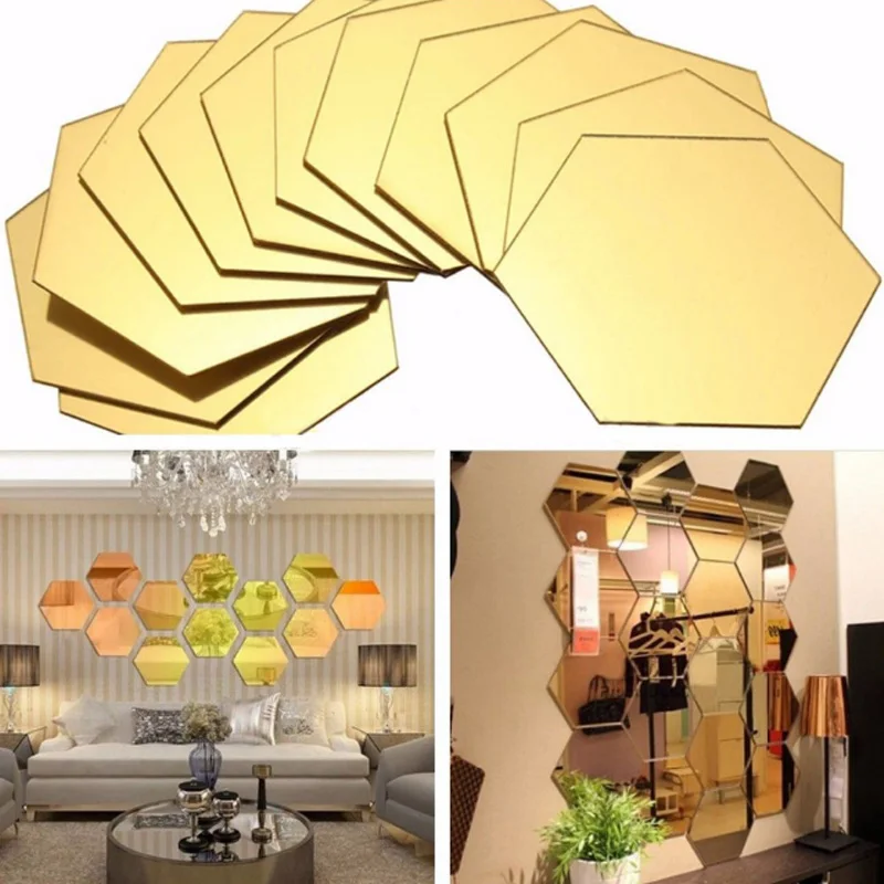 12pcs Hexagon Cellular Acrylic Mirror Wall Stickers Diy Art Decor Home Living Room Mirrored Decorative Sticker | Дом и сад