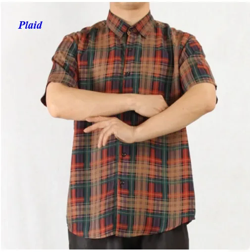 100% silk wateredgauze peaked collar shirt, pure silk gambiered Canton gauze short-sleeve plaid men blouse, with gift mask