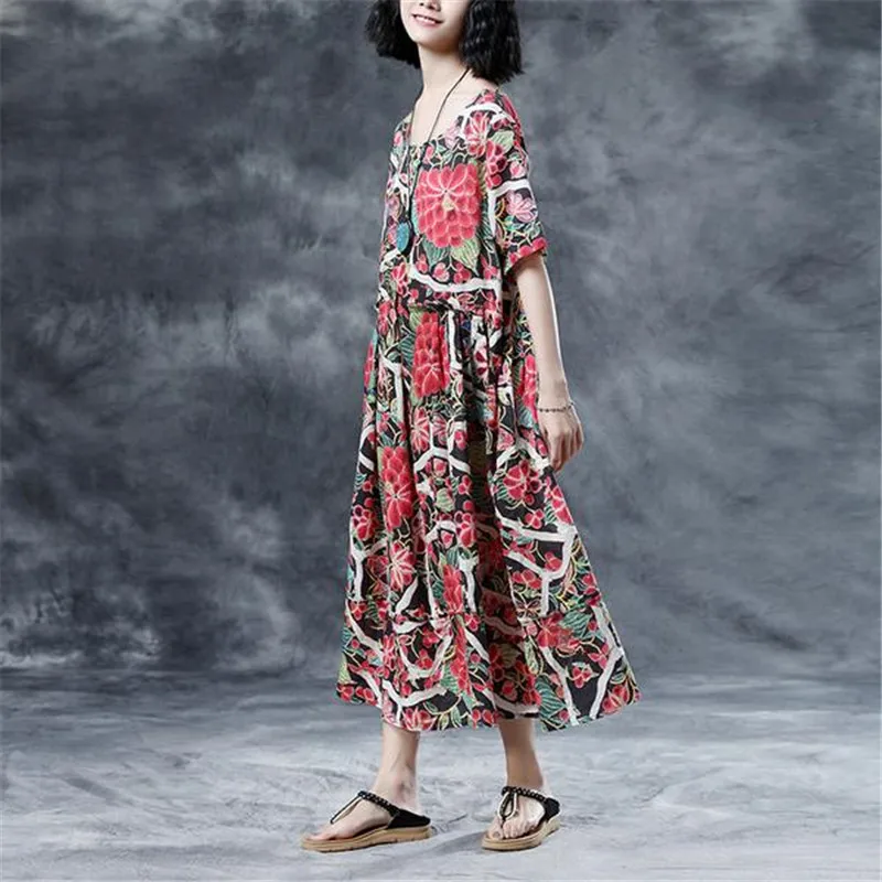 BUYKUD Women 2018 Floral Summer Printed Pleated Long Dress Short Sleeve Round Neck Casual loose Multi Color Dresses With Pocket | Женская