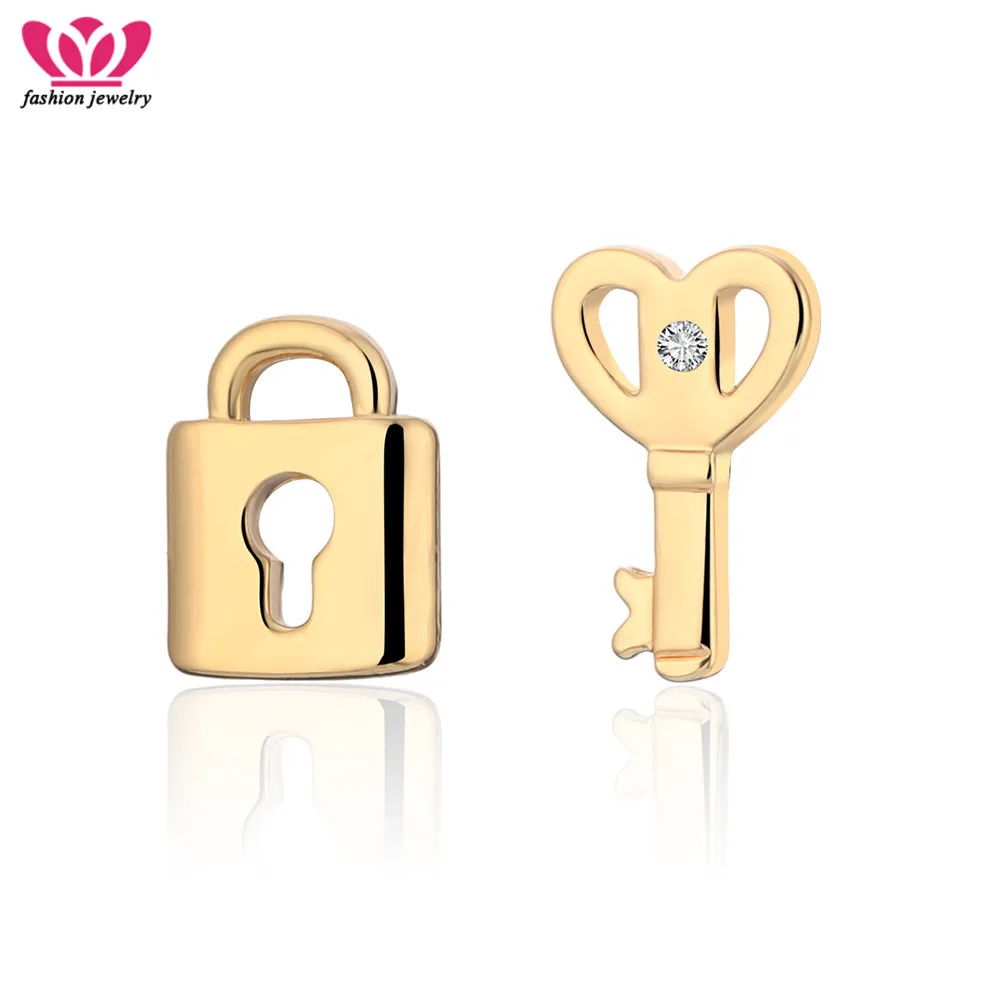 

silvery Gold Lock Key Crystal Stud Earrings for Women Charming Creative Statement Earring Fashion Jewelry Valentine's Day Gift