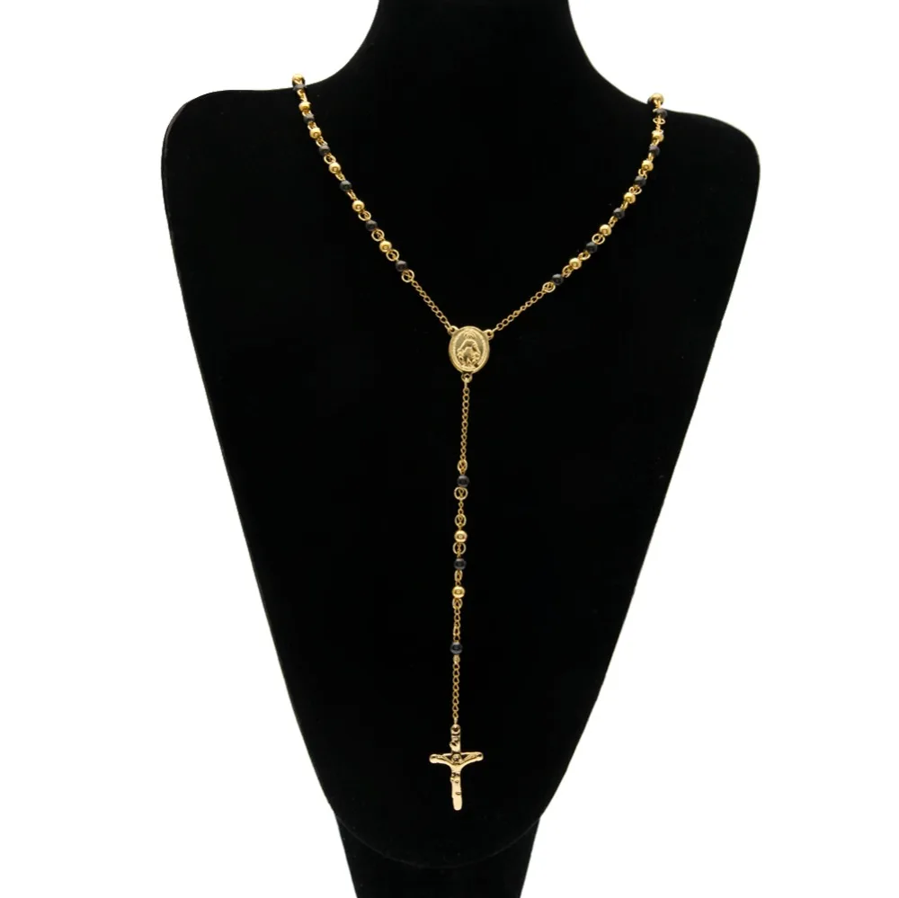 Золотой Черный тон католический крест Иисуса четки из бусин ожерелье богиня