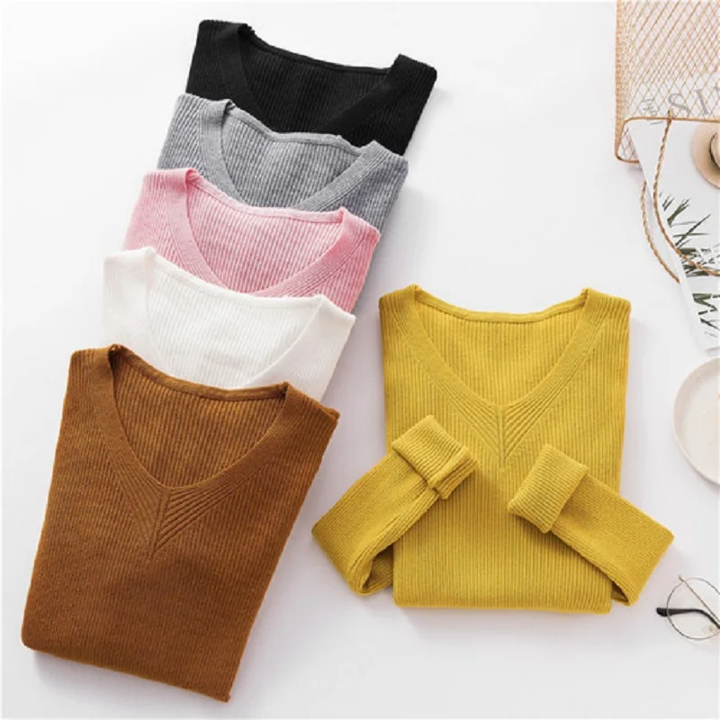 V Neck Sweater Women Pullover Knitted Warm Cashmere Long Sleeve Winter Jumper Womens Causal | Женская одежда