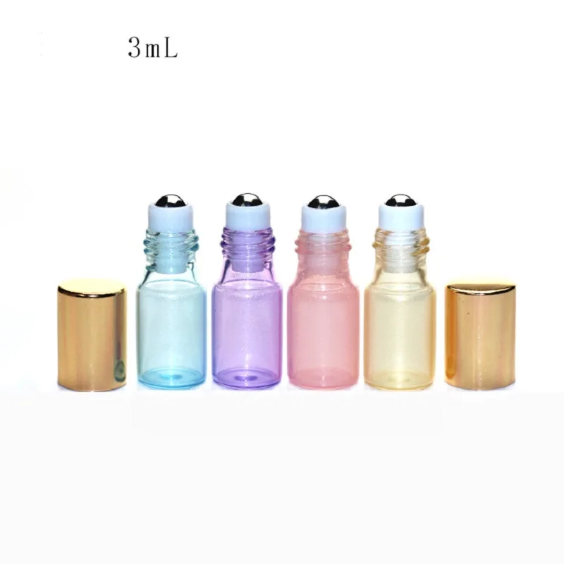 Empty 3 ML Roll On Bottle Glass Refillable Cosmetic Container Steel Ball Essence Essential Oil Bottle with Gold Lid