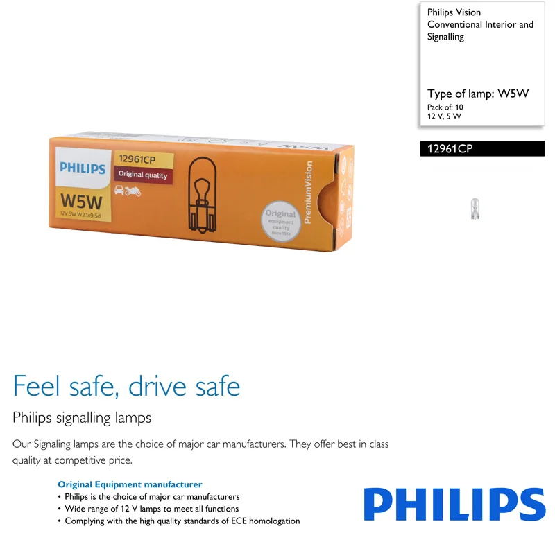 10 шт. Philips W5W T10 12 В 5 Вт стандартный сигнал поворота лампа для чтения Стоп свет Интерьер Свет 12961CP