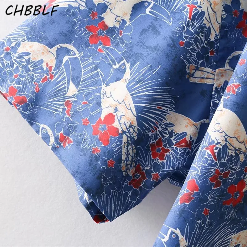 Женщины Птицы печати рубашки с коротким рукавом Зубчатый воротник блузка