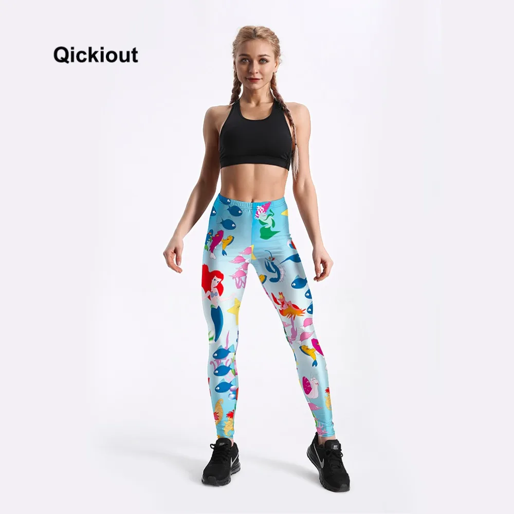 Qickitout, Прямая поставка, женские леггинсы, подводный мир животных, Мультяшные рыбы, Русалка, принт, милые длинные штаны