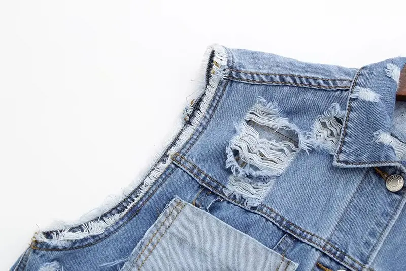 Женский джинсовый жилет с дырками и коротким принтом однобортный лоскутный