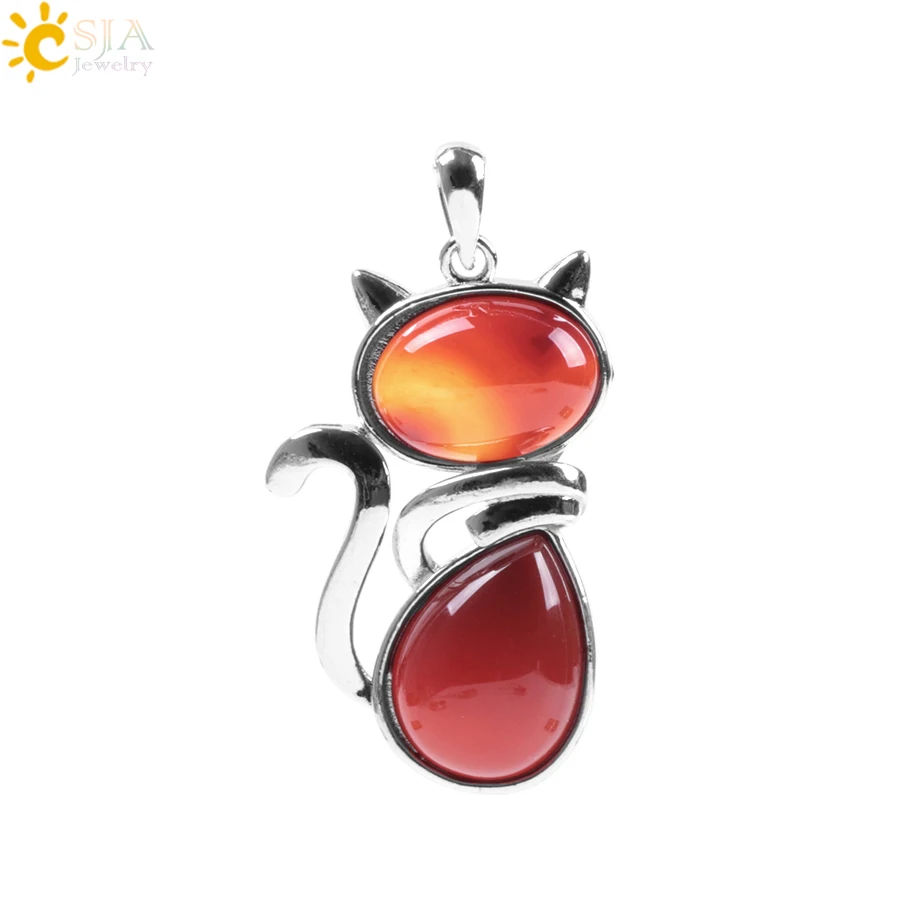 Red Agate CSJA Милая подвеска в виде кота для девочки, подвеска из натурального камня, зеленый авантюрин, розовый кристалл, украшение в виде кошки Wisiorek F072 - Окраска металла: Red Agate