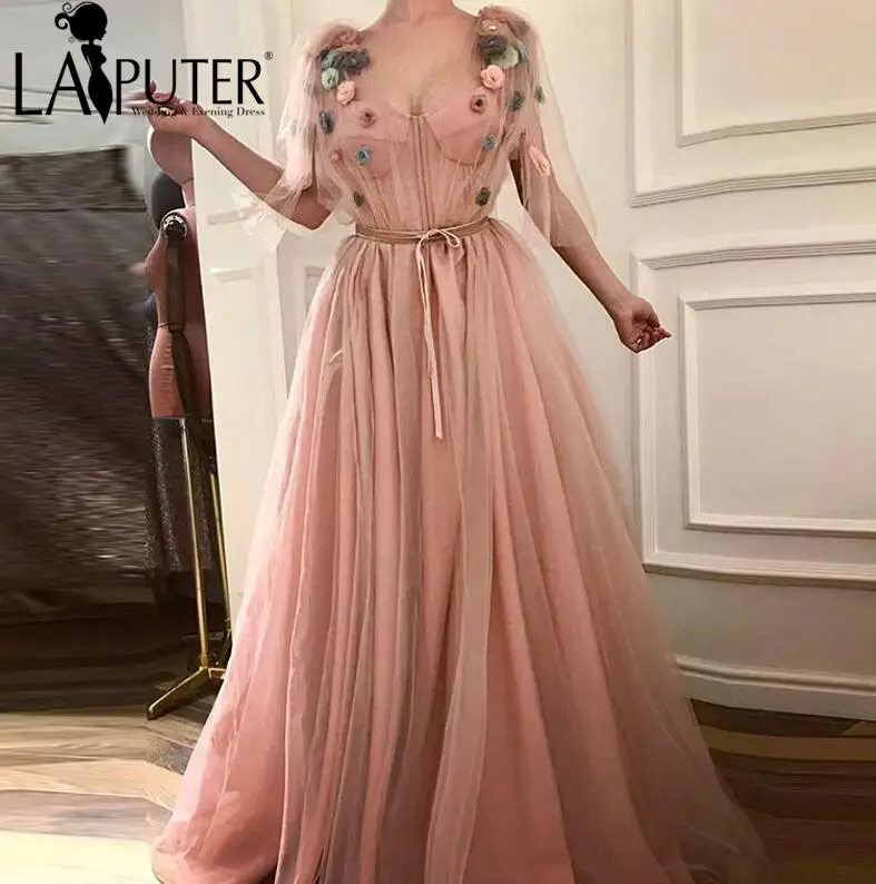 Розовый LAIPUTER Vestido Longo De Festa A-Line Красочные цветы v-образный вырез с рукавами с поясом для женщин - Цвет: Розовый