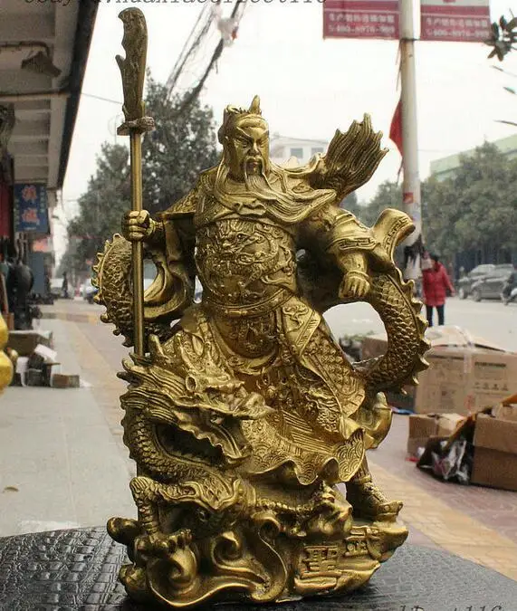 Китай латунь Дракон халат стенд воин Guan Gong Yu дверь меч с изображением Бога