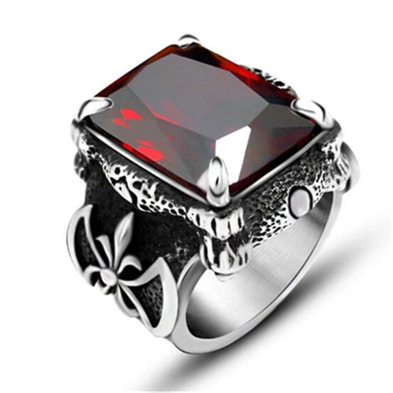 New Punk Style Red Glass Ring Men's Vintage Jewelry High Quality Big Square Stones Finger Rings For Man Titanium Steel | Украшения и