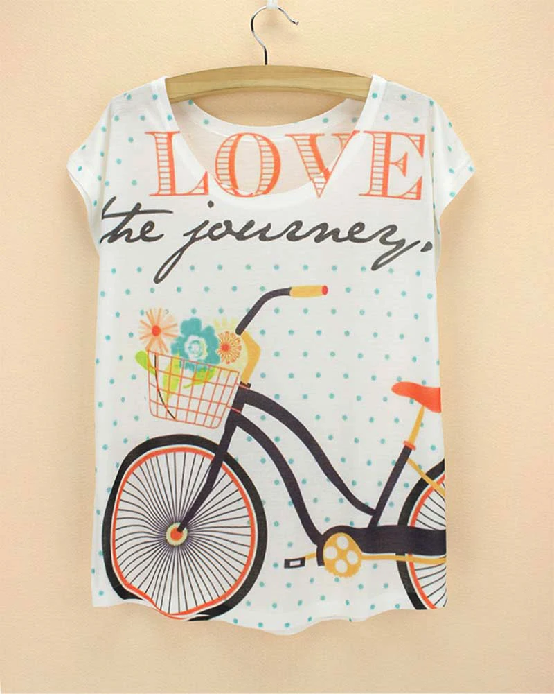 Футболка женская с велосипедным принтом 21 новый стиль лето 2015|women t-shirt|fashion