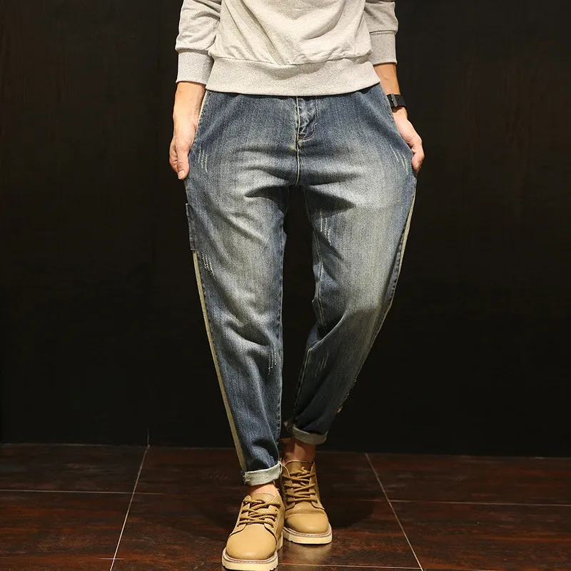 

Fashion Brand Warm Jeans pants Men Winter Autumn Stripe stitching Jeans Male Large size Loose Denim Trousers Collapse Hip hop