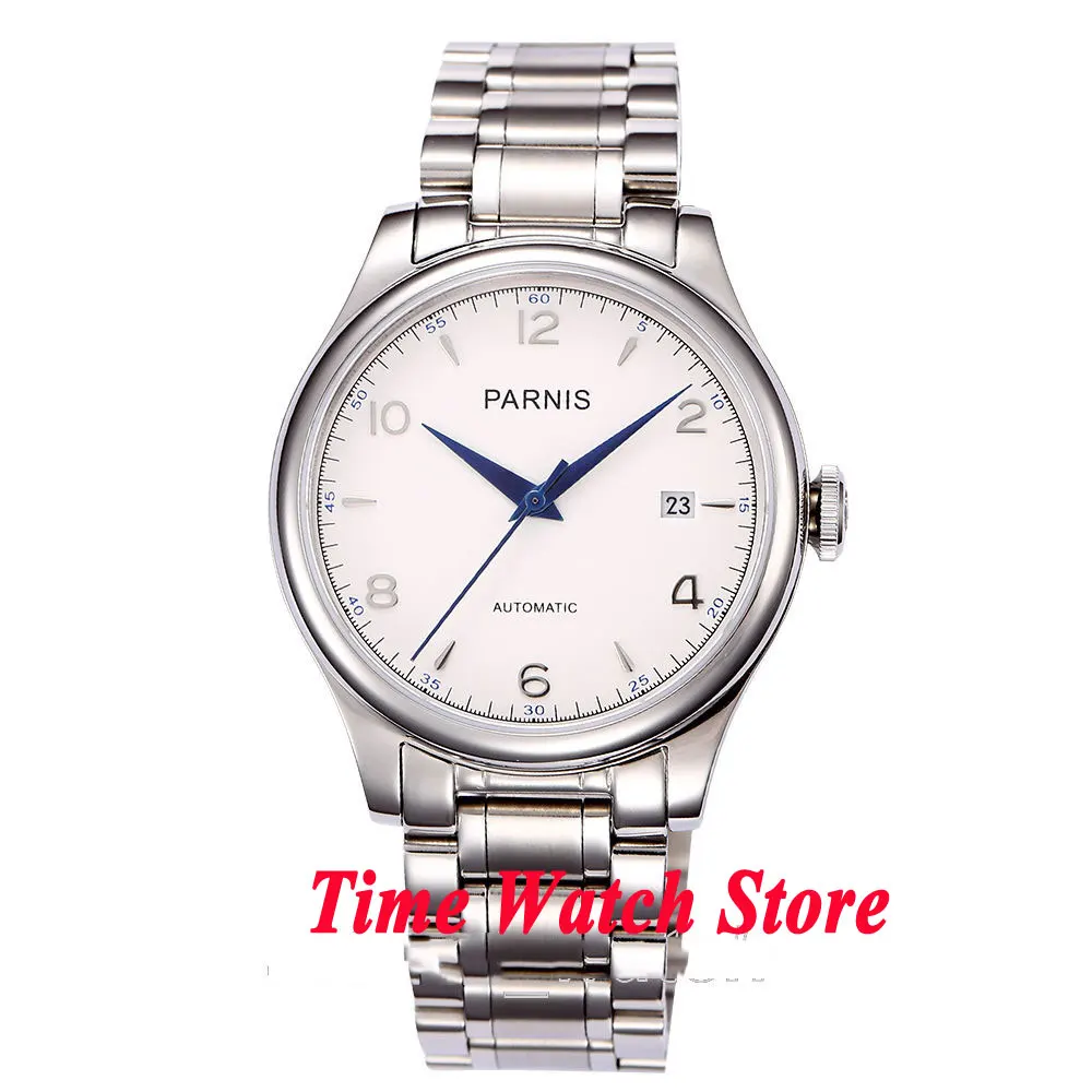 Парнис 38 мм белый циферблат синий руки Дата сапфировое стекло 21 jewels MIYOTA
