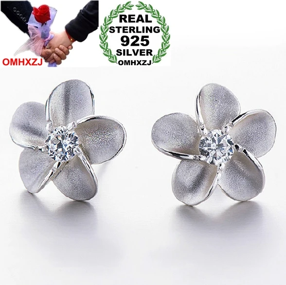 

OMHXZJ WHOLESALE Fashion jewelry Alice flower contracted paw setting AAA zircon REAL S925 STERLING SILVER STUD EARRINGS YS85