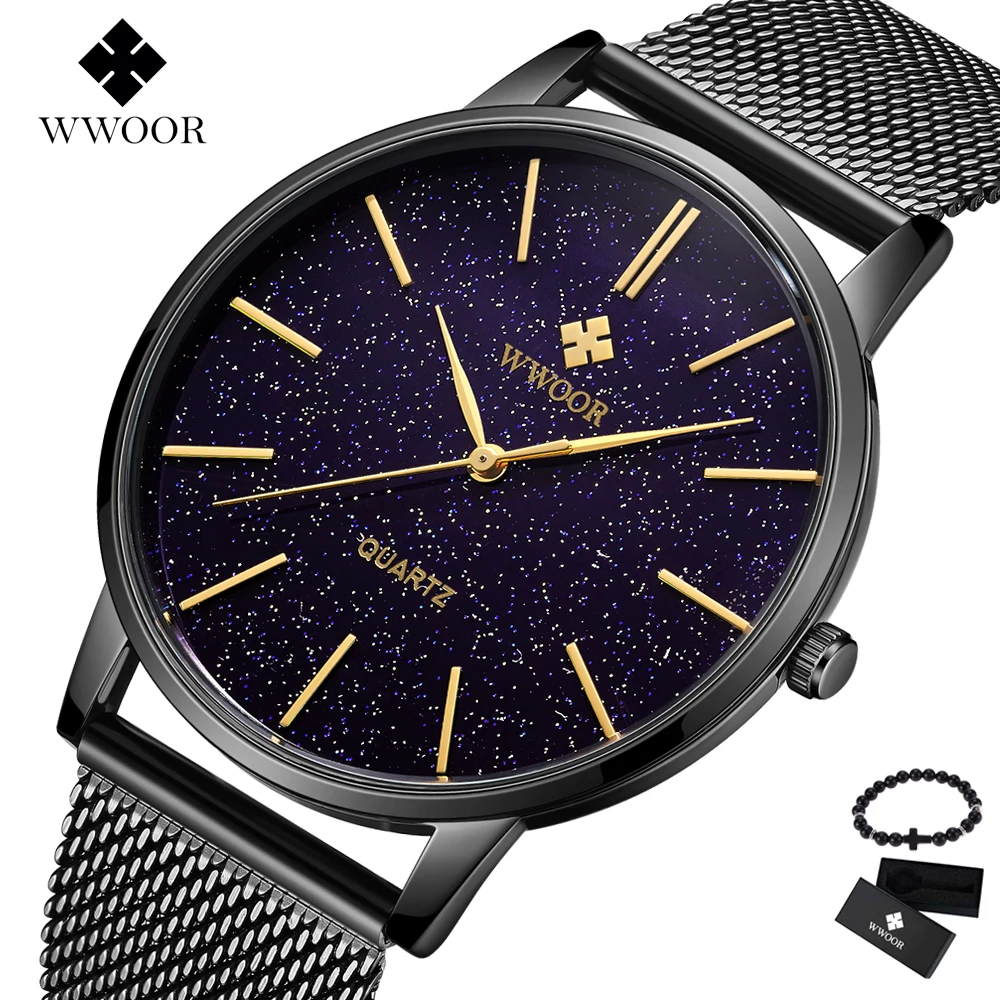 Новейший бренд WWOOR мужские простые тонкие кварцевые часы черные стальные