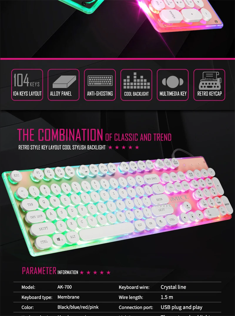 Игровая клавиатура iMice Pro, 104 клавиш, радужная клавиатура с подсветкой, USB Проводная, водонепроницаемая, механическая, светодиодный, геймерская клавиатура