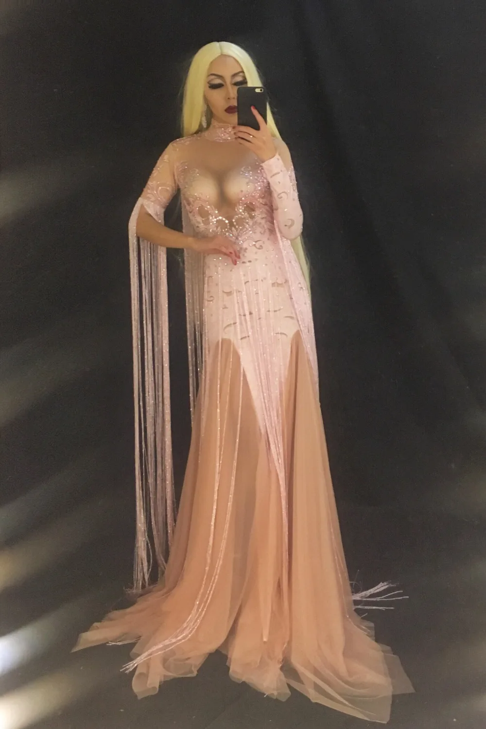 Women New Long Tassel Pink Sexy Trailing Dress Sparkling Crystals Costume Nightclub Party Singer Dancer Stage Wear |