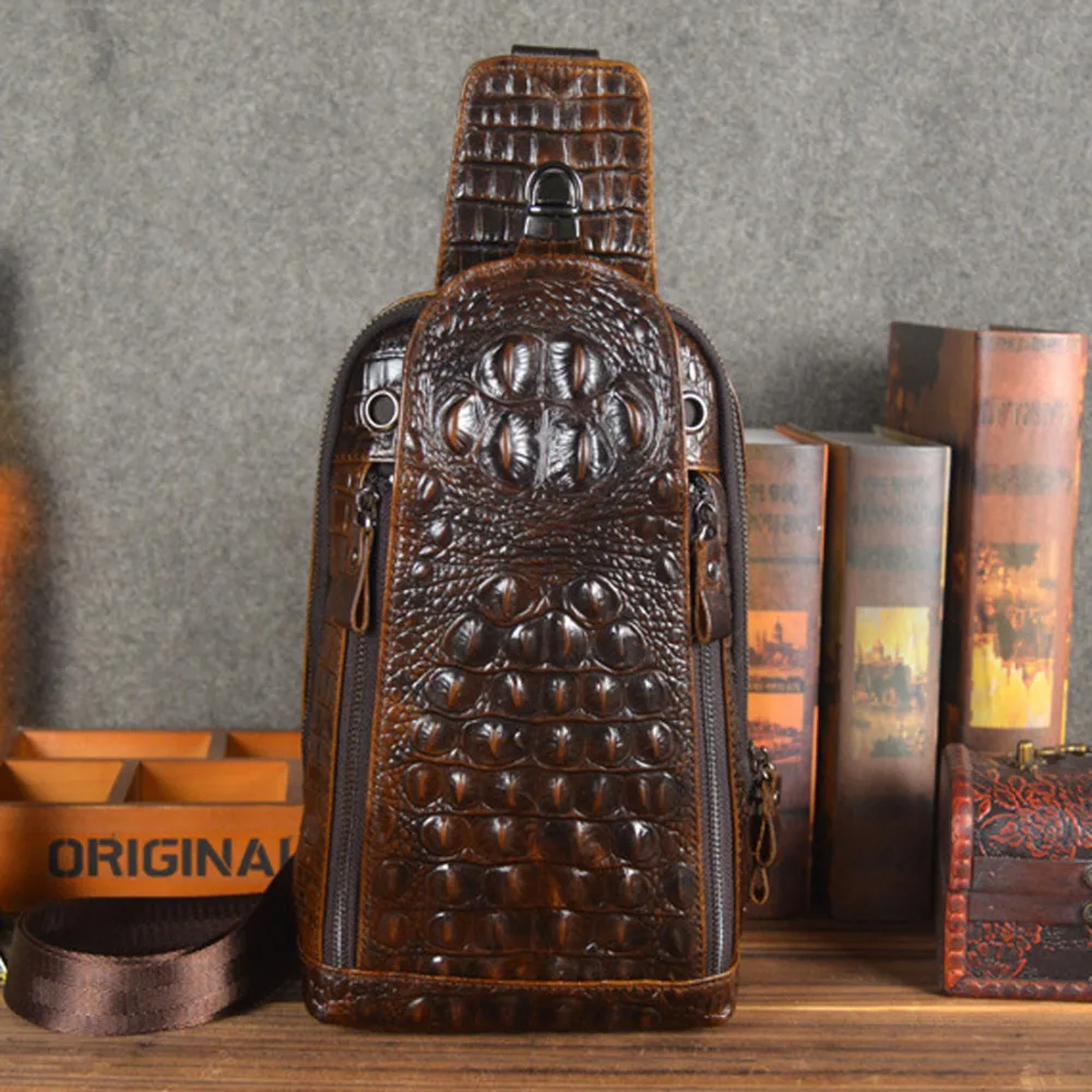 Высокое качество натуральной кожи Для мужчин слинг рюкзак сумка крокодил узор