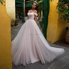 Розовое Тюлевое свадебное платье с рукавами 2020, с открытыми плечами, милое, на шнуровке, длина до пола, Свадебные платья Vestido de noiva