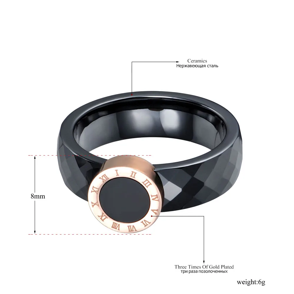 JeeMango Roman Numerals Ring Jewelry For Women Rose Gold Color Ceramic Titanium Steel Wedding Rings Anneaux R17159 | Украшения и