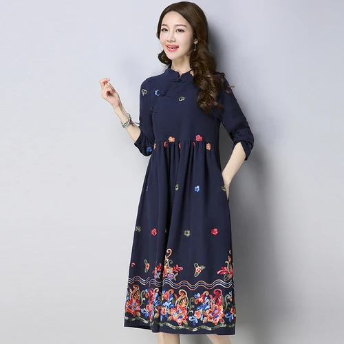 Spring New Long Sleeve Embroidery Large Size Vintage Dress Ethnic Elegant Literature Midi Female Brief Vestido De Festa | Женская одежда