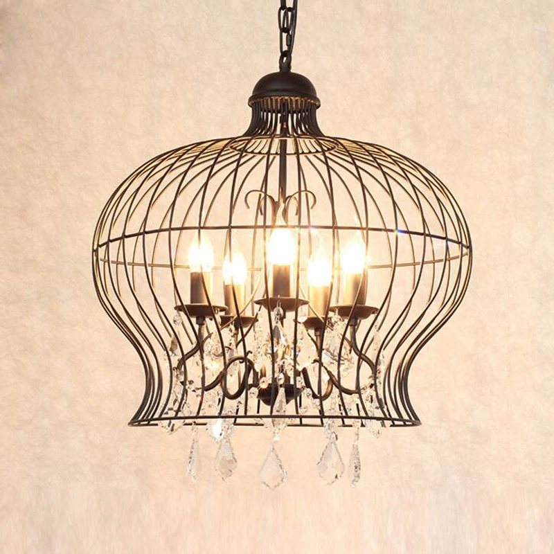 

American country crystal chandeliers round iron clothing store creative restaurant living room chandelier black bird cage lamp