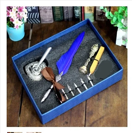 blue goose feather Подарочная коробка винтажный металлический изогнутый натуральный набор перьевых ручек с 5 nibs, подставка для ручек, штамп, вощеная ручка для подписи в подарок - Цвет: blue goose feather