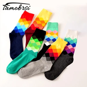 Ромб градиент в виде геометрических фигур решетки смешные счастливые носки в британском стиле Для женщин носки натуральный хлопок носки в полоску Femme Meais