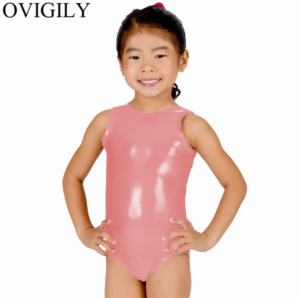 Pink OVIGILY девушка серебряные Купальник для балета, танцев, Детские лайкра Красная Майка; Одежда для танцев для детей Блестящий металлический гимнастические костюмы для мальчиков - Цвет: Pink