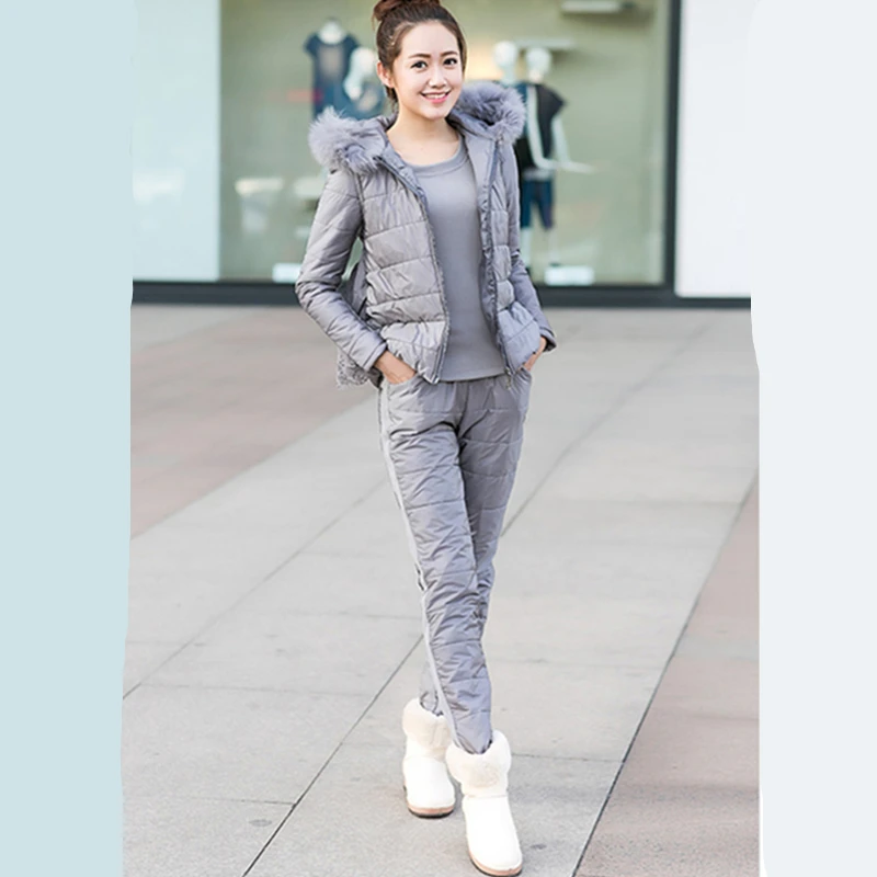 2017 Для женщин зимние теплые хлопковые 3 предмета комплекты (жилет с капюшоном +