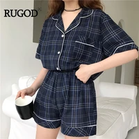 rugod new vintage plaid pyjamas women fashion short sleeve shirt shots two piece set sleepwear casual pijamas %d0%bf%d0%b8%d0%b6%d0%b0%d0%bc%d0%b0