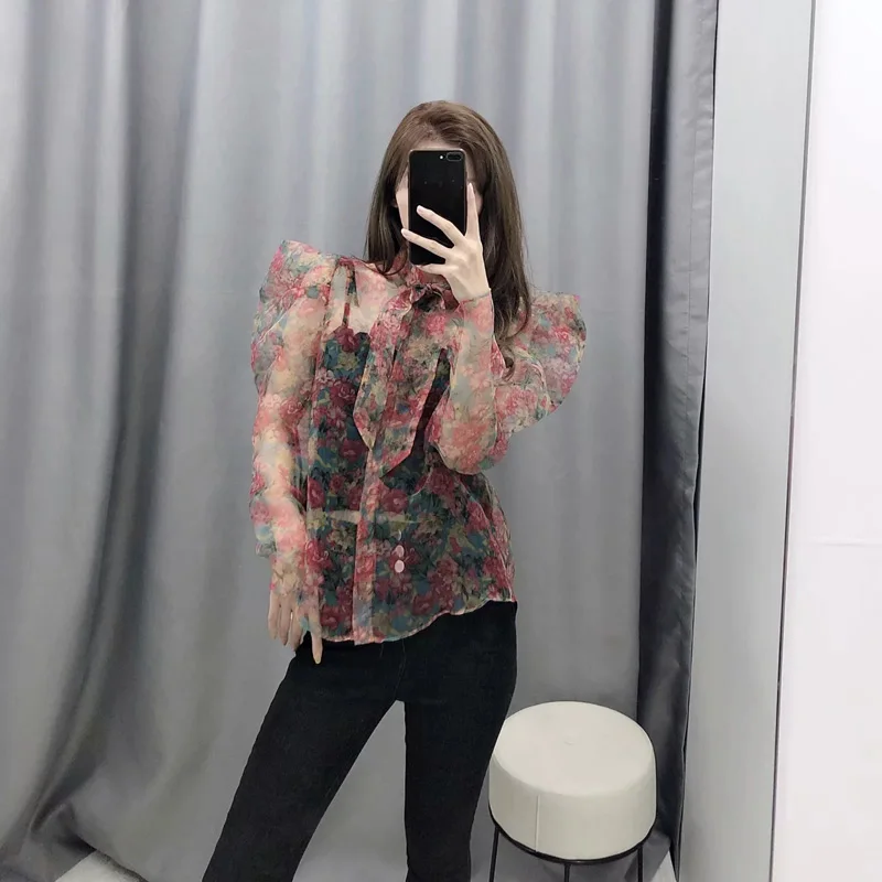 Women Blouse Sexy Transparent Floral Print Organza Shirt 2019 Summer Bow Tied Collar Long Sleeve Slim Blusas Feminine Tops | Женская