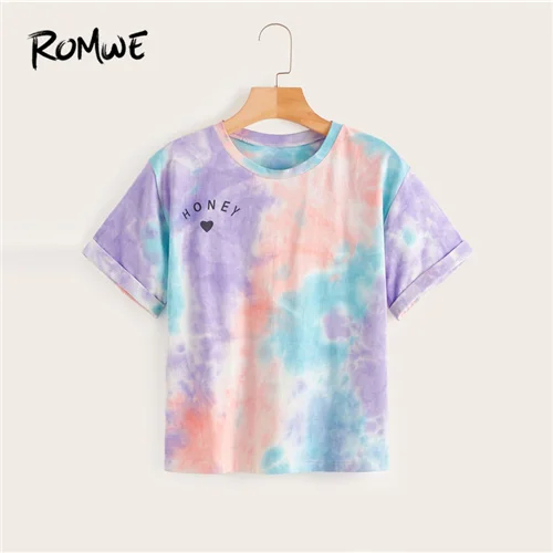 Многоцветный ROMWE, разноцветная футболка с надписью Tie Dye, женская летняя футболка, круглый вырез, короткий рукав, футболки в стиле бохо, Повседневная Уличная одежда, топы - Цвет: Многоцветный
